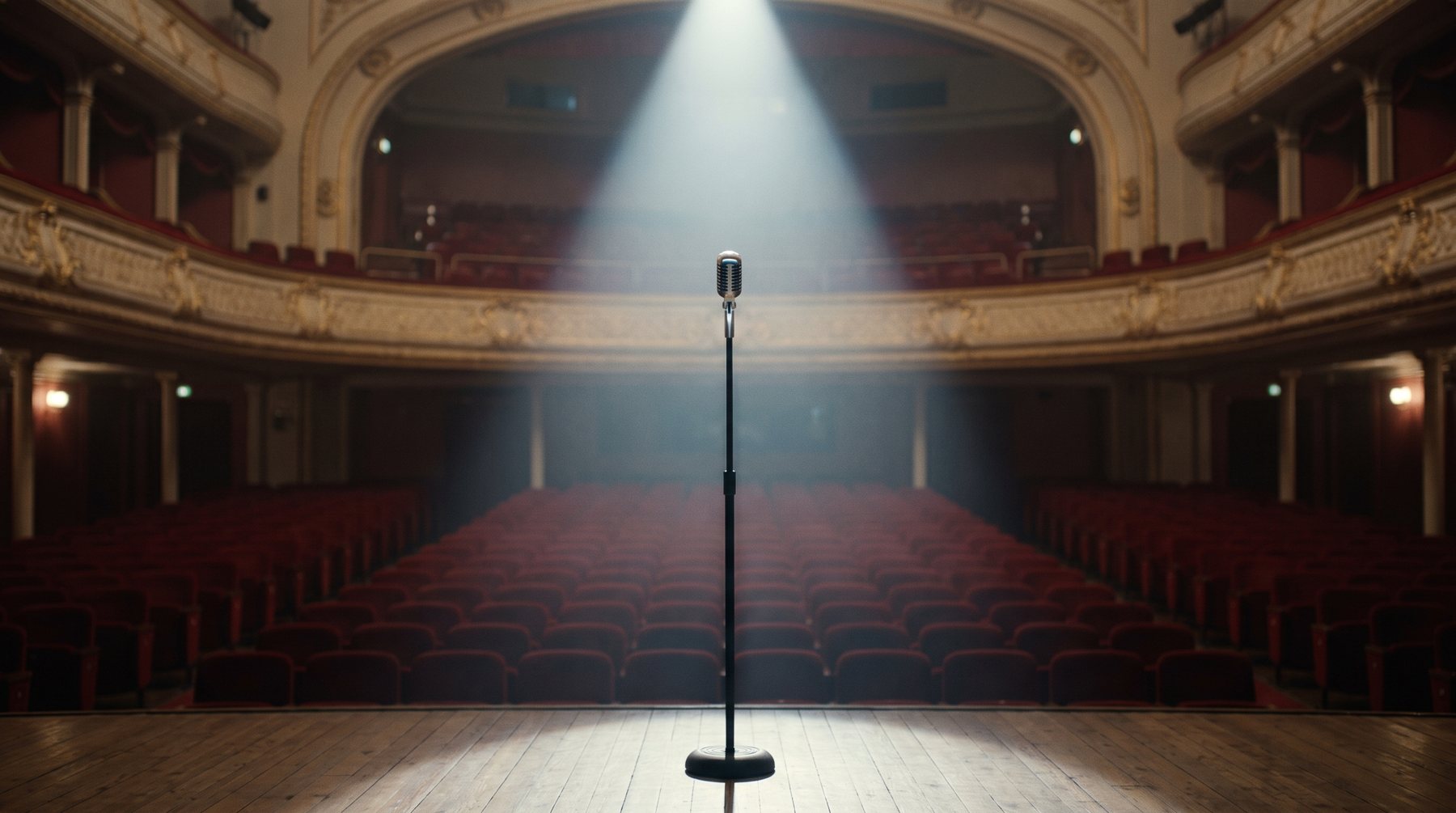 A theatre stage under a single spotlight, a vintage microphone waiting